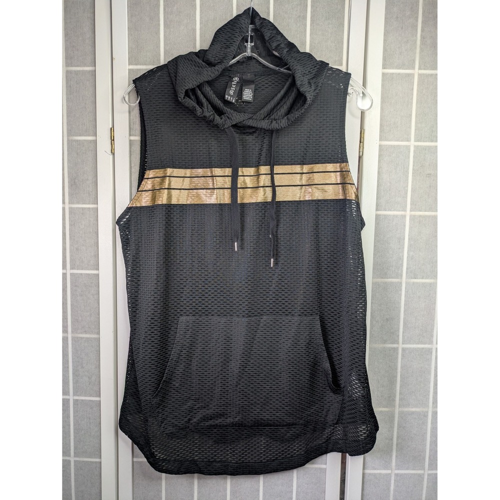 ASKYA Women's Black Mesh Hoodie Large Gold Metallic Stripe Active Top Sleeveless